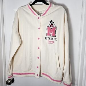 DISNEY MICKEY MOUSE XL Bomber Varsity Embroidered Jacket Pink Ivory Buttoned